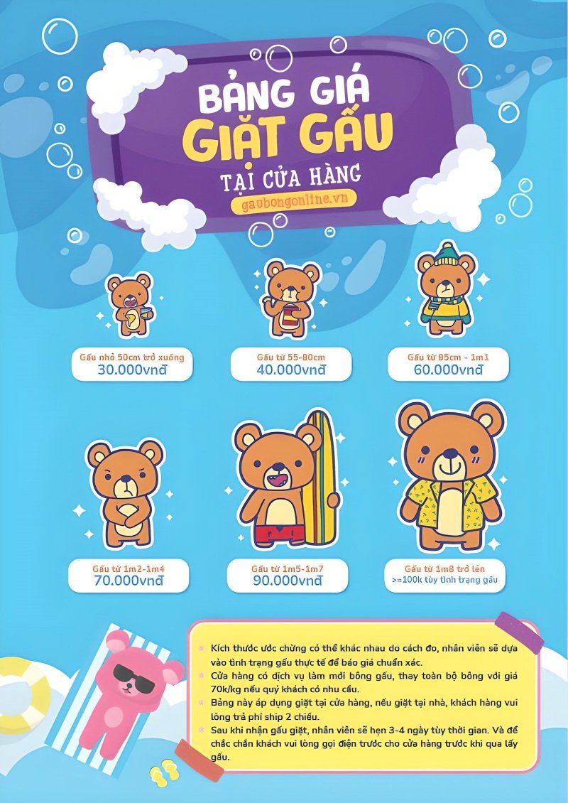 Bảng giá giặt gấu tại Cửa hàng Gấu Bông Online
