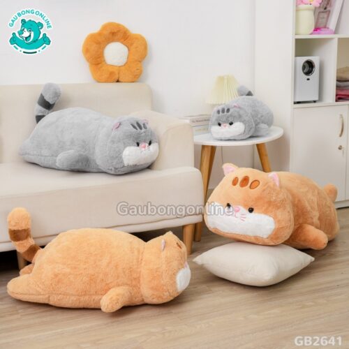 Gối Ôm Mèo Nằm Mũi Hồng màu xám xinh xắn