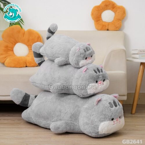 Gối Ôm Mèo Nằm Mũi Hồng màu xám xinh xắn