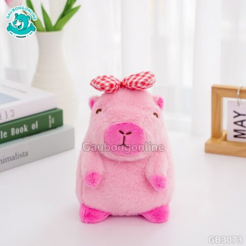 Gấu Bông Capybara Đeo Nơ Kẻ – Hồng Đậm