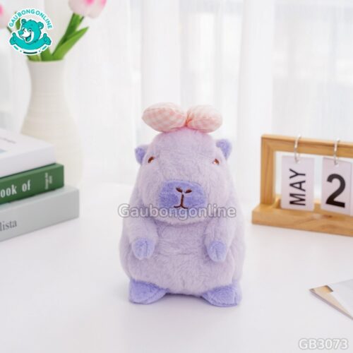 Gấu Bông Capybara Đeo Nơ Kẻ – Tím