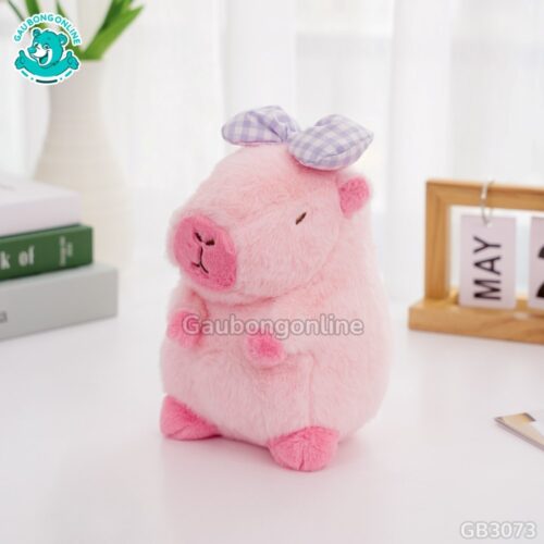 Gấu Bông Capybara Đeo Nơ Kẻ – Hồng Nhạt