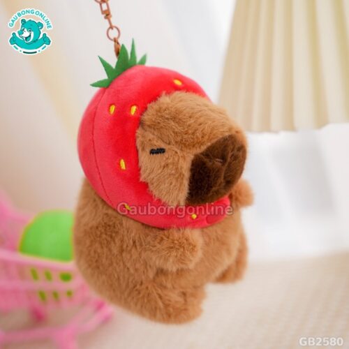 Móc Khóa Chuột Capybara đội mũ dâu tây dễ thương
