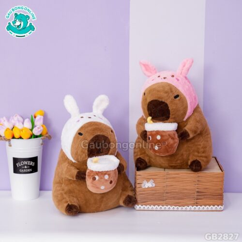 Capybara Ôm Trà Sữa Cosplay Thỏ hai màu xinh xắn