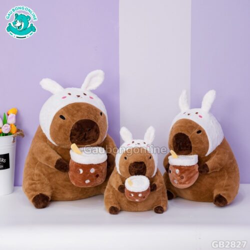 Capybara Ôm Trà Sữa Cosplay Thỏ Trắng
