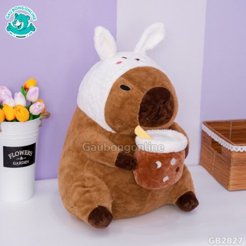 Capybara Ôm Trà Sữa Cosplay Thỏ Trắng