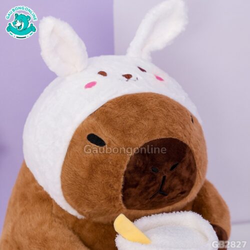 Capybara Ôm Trà Sữa Cosplay Thỏ Trắng