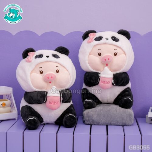Gối Chăn Mền Heo Cosplay Gấu Trúc Ôm Bình Sữa