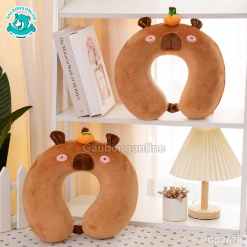 Gối Cổ Capybara Đội Cam – Nâu đàn hồi và êm ái
