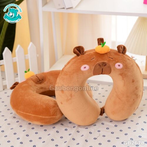 Gối Cổ Capybara Đội Cam – Nâu thích hợp cho dân văn phòng
