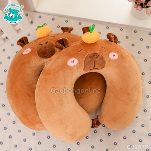 Gối Cổ Capybara Đội Cam – Nâu thích hợp cho chuyến du lịch
