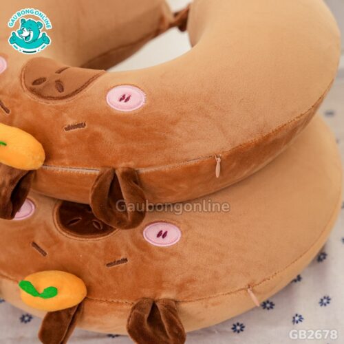 Gối Cổ Capybara Đội Cam – Nâu ruột cao su non mềm, dễ giặt gối