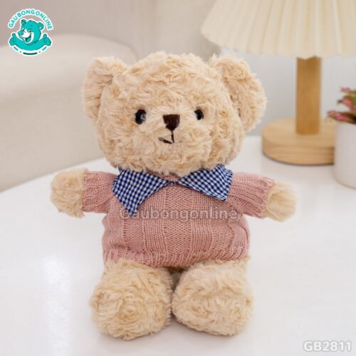 Gấu Bông Teddy Head Lông Xoắn ÁoLen Cổ Kẻ