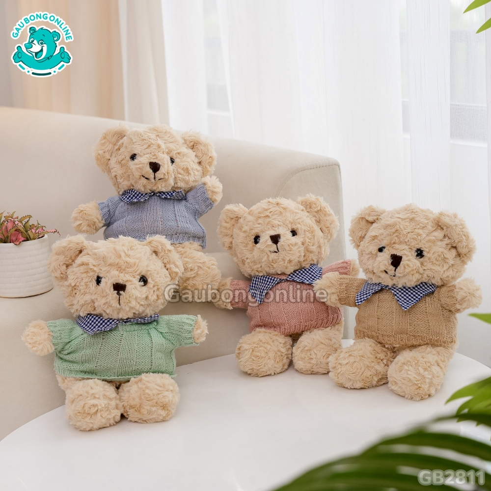 Gấu Bông Teddy Head Lông Xoắn Áo Len Cổ Kẻ