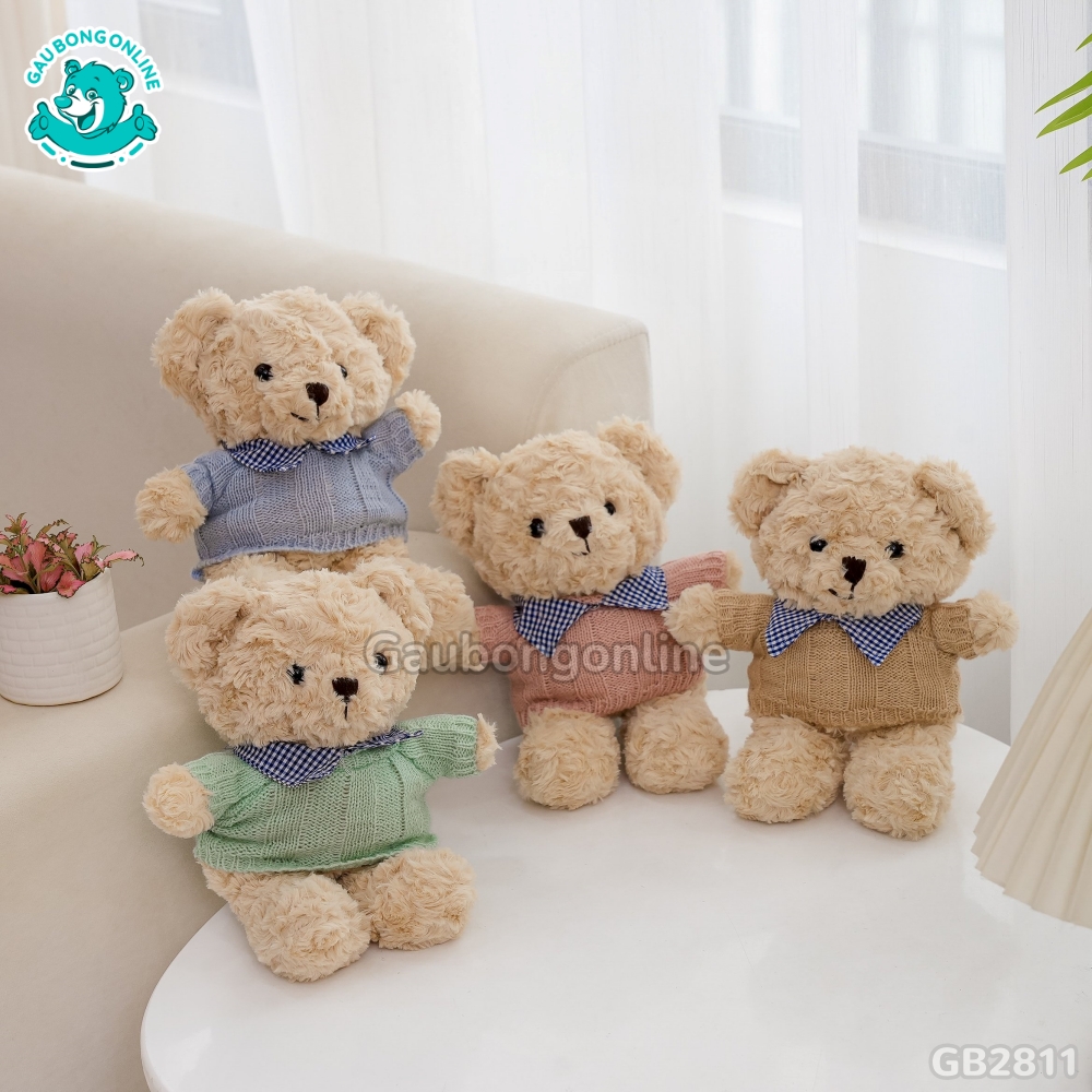 Gấu Bông Teddy Head Lông Xoắn Áo Len Cổ Kẻ