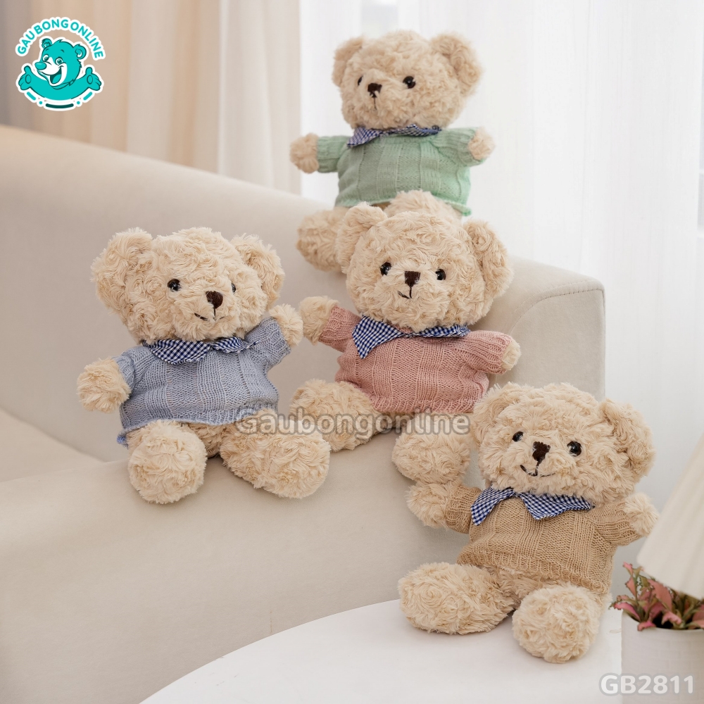 Gấu Bông Teddy Head Lông Xoắn Áo Len Cổ Kẻ