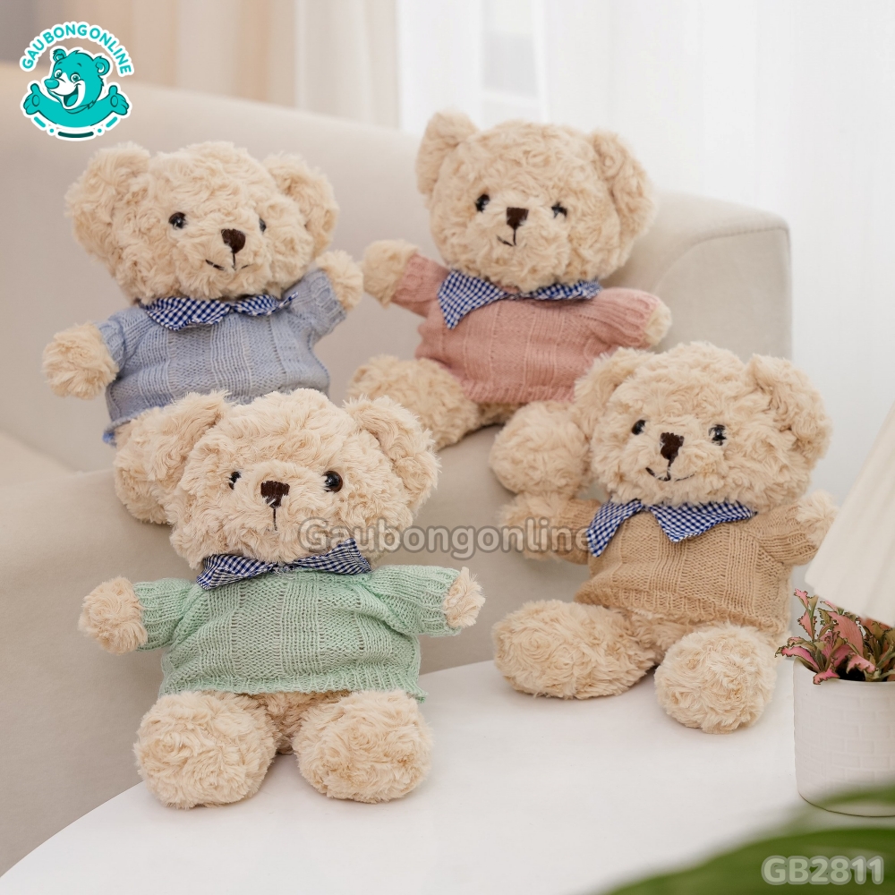 Gấu Bông Teddy Head Lông Xoắn Áo Len Cổ Kẻ