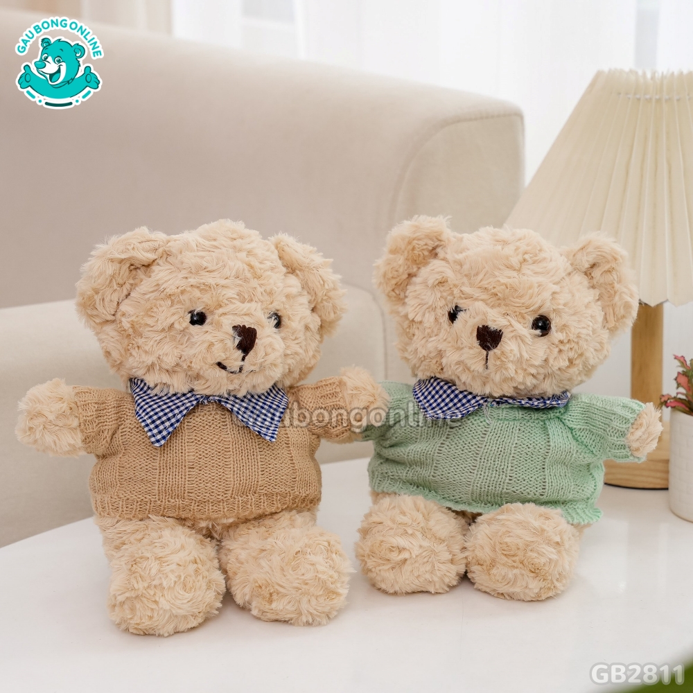 Gấu Bông Teddy Head Lông Xoắn Áo Len Cổ Kẻ