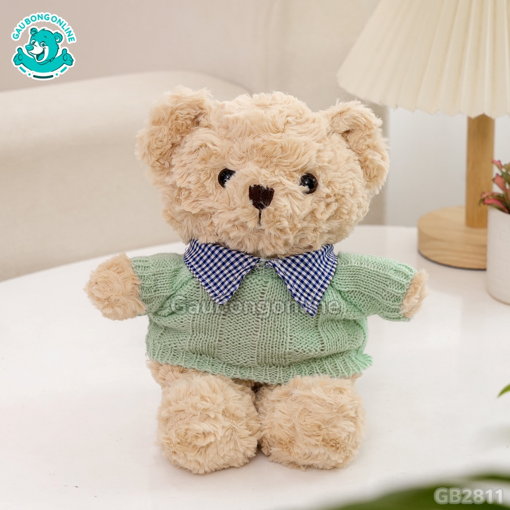 Gấu Bông Teddy Head Lông Xoắn Áo Len Cổ Kẻ